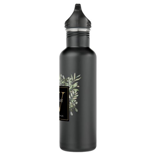 Elegant modern groen zwart goud monogram waterfles  (Rechts)