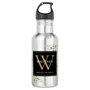 Elegant Modern Groenery Zwart Gouden Monogram Waterfles