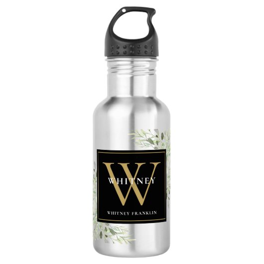 Elegant Modern Groenery Zwart Gouden Monogram Waterfles (Voorkant)
