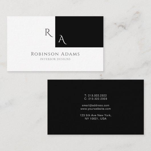 Elegant Modern Half Zwart Witte Monogrammen Visitekaartje (Voorkant / Achterkant)