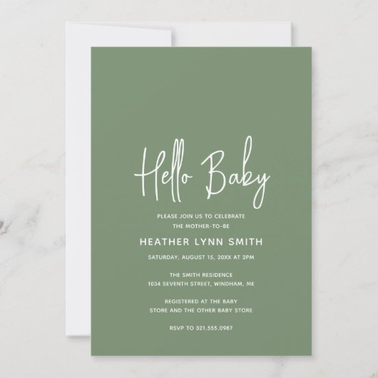 Elegant modern Hallo Baby Sage Green Baby shower Kaart (Voorkant)