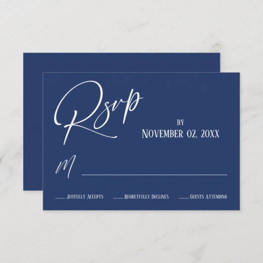 Elegant, modern handschrift, eenvoudig marineblauw RSVP kaartje (Voorkant / Achterkant)