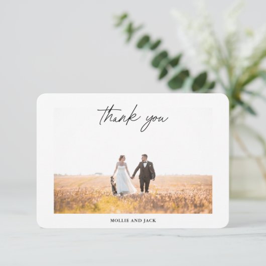 Elegant Modern Handwriting Script Huwelijksfoto Th Bedankkaart (Staand voorkant)
