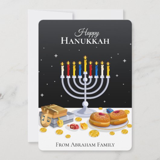 Elegant Modern Hanukkah Menorah Sufganiyot Dreidel Feestdagenkaart (Voorkant)