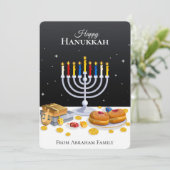 Elegant Modern Hanukkah Menorah Sufganiyot Dreidel Feestdagenkaart (Staand voorkant)
