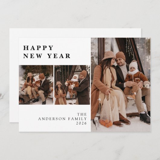 Elegant Modern Happy New Year Family 3 Photo  Feestdagenkaart (Voorkant / Achterkant)