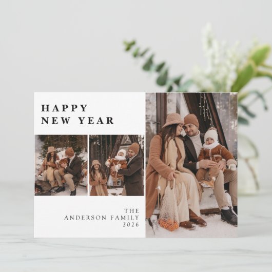 Elegant Modern Happy New Year Family 3 Photo  Feestdagenkaart (Staand voorkant)