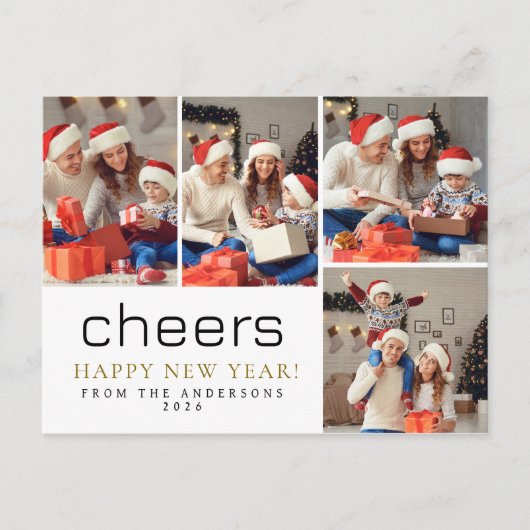 Elegant Modern Happy New Year Family 4 Photo Feestdagenkaart (Voorkant)