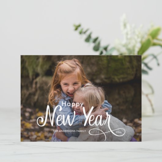 Elegant modern Happy Nieuwjaar 3 Fotoscript Feestdagenkaart (Staand voorkant)