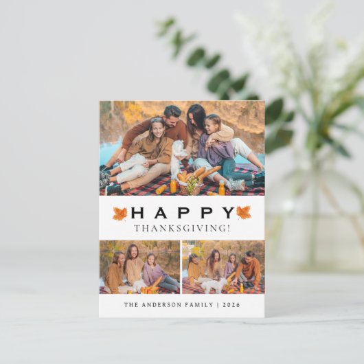 Elegant Modern Happy Thanksgiving Autumn 3 Photo Feestdagenkaart (Staand voorkant)