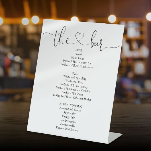 Elegant Modern Heart Script Bar Menu Reclamebord Met Voetstuk