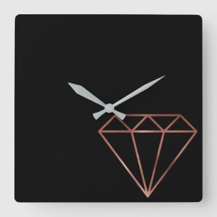 elegant, modern, helder roos goud diamant zwart vierkante klok