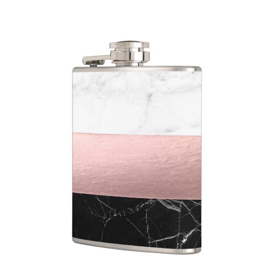 elegant modern, helder zwart marmer roos goud heupfles (Links)