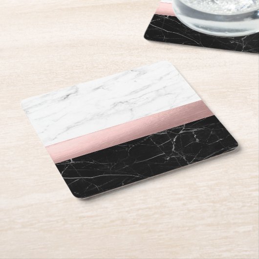 elegant modern, helder zwart marmer roos goud kartonnen onderzetters (Schuin)
