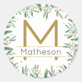 Elegant Modern Holiday Monogram Rood Groen en Goud Ronde Sticker