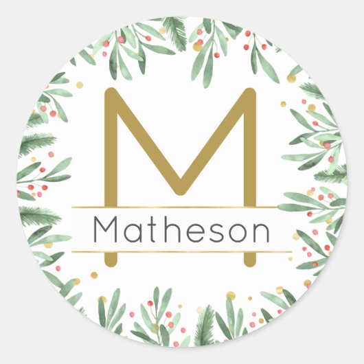 Elegant Modern Holiday Monogram Rood Groen en Goud Ronde Sticker (Voorkant)