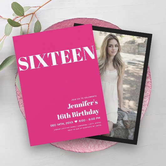 ELEGANT Modern Hot Pink Sweet 16 Typografie Kaart