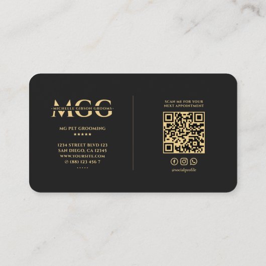 Elegant Modern Huisdier Grooming Monogram Zwart Visitekaartje (Achterkant)