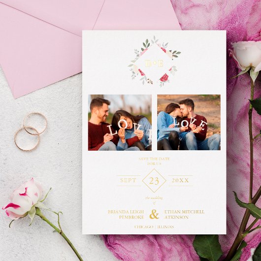 Elegant Modern Initials Floral Anagram 2 Photos Folie Uitnodiging