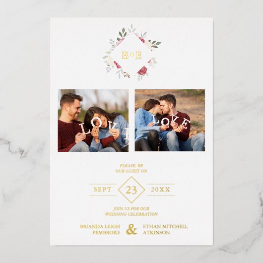 Elegant Modern Initials Floral Diamond 2 Photos Folie Uitnodiging (Voorkant)