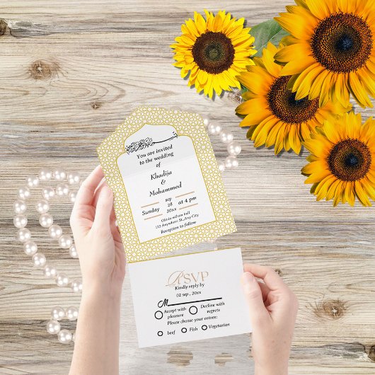 Elegant modern islamitisch GOLD EN WITTE bruiloft All In One Uitnodiging