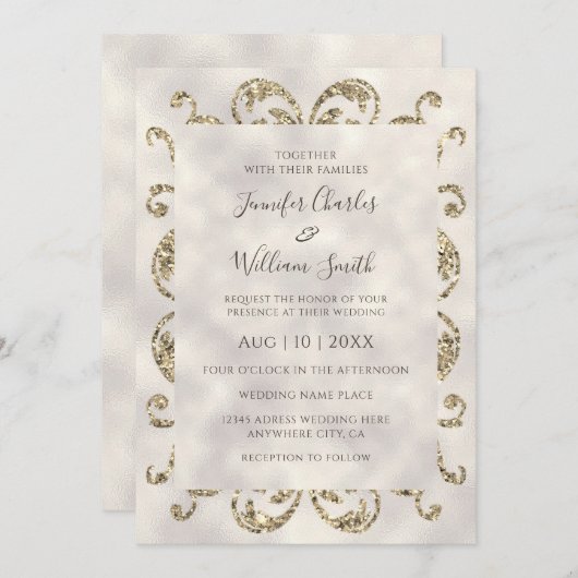 Elegant Modern Ivoor Textuur Goud Glitter Lijst Kaart (Voorkant / Achterkant)