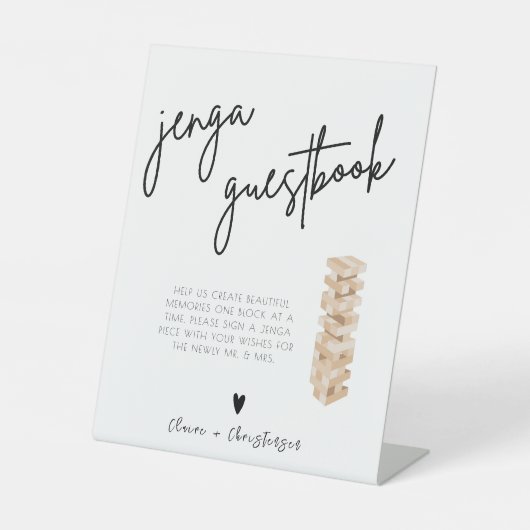 Elegant Modern Jenga Gastenboek Trouwbord Reclamebord Met Voetstuk (Voorkant)