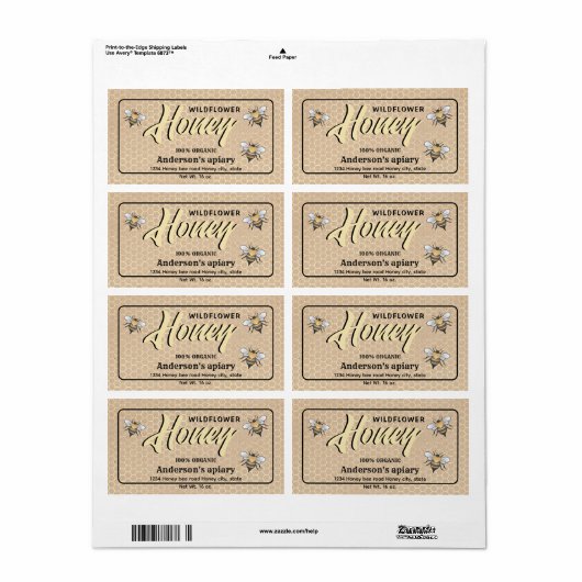 Elegant modern kartonnen bijen honingpot label (Full Sheet)