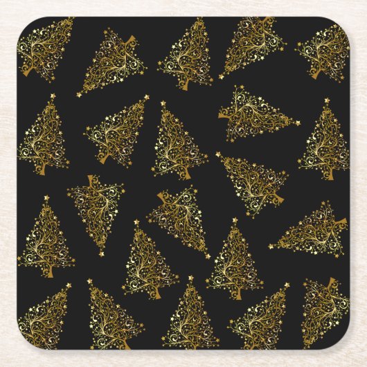 Elegant modern kerstboompatroon zwart goud kartonnen onderzetters (Voorkant)