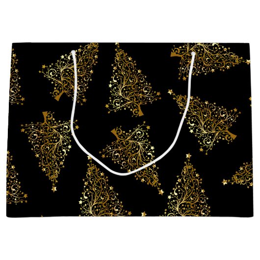 Elegant modern kerstboompatroon zwart goud large cadeautasje (Voorkant)