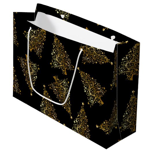 Elegant modern kerstboompatroon zwart goud large cadeautasje (Voorkant Gekanteld)