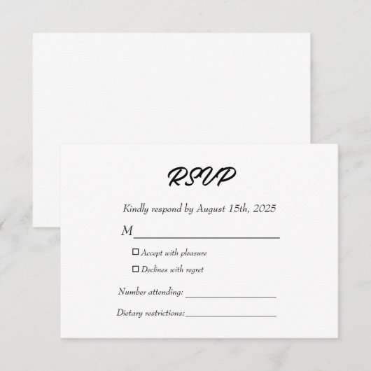 Elegant Modern Kindly Reply Black and White Formal RSVP Kaartje (Voorkant / Achterkant)