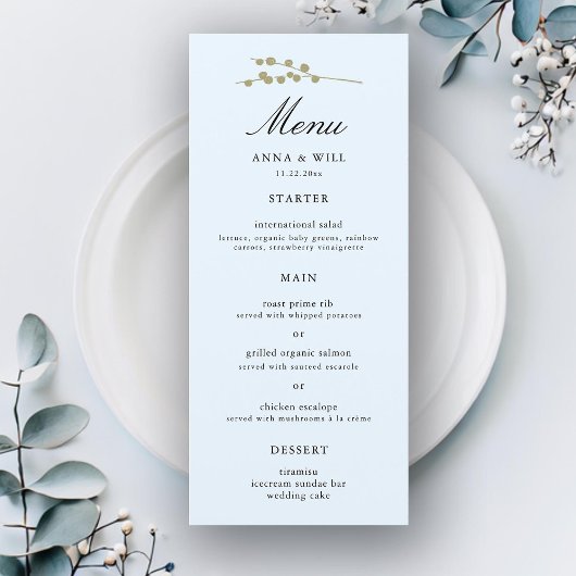 Elegant Modern Klassiek Ijsblauw Winter Bruiloft Menu