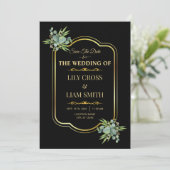 Elegant modern klassiek zwart en gouden bruiloft save the date (Staand voorkant)