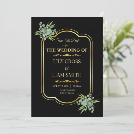 Elegant modern klassiek zwart en gouden bruiloft save the date (Staand voorkant)