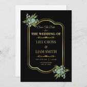 Elegant modern klassiek zwart en gouden bruiloft save the date (Voorkant / Achterkant)