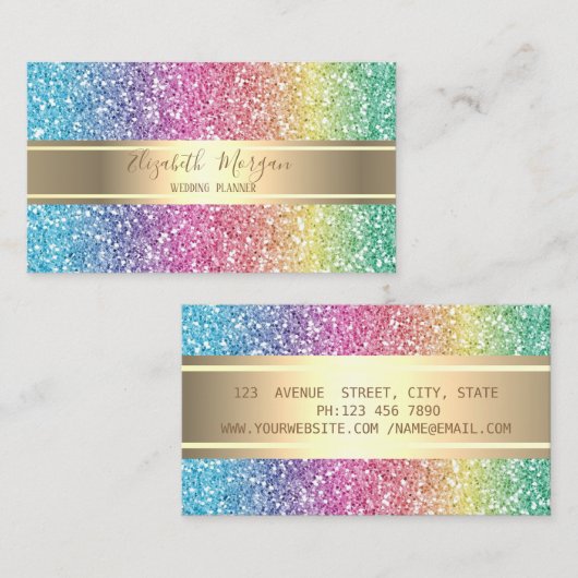 Elegant modern kleurrijk glitter, gouden streep visitekaartje (Voorkant / Achterkant)