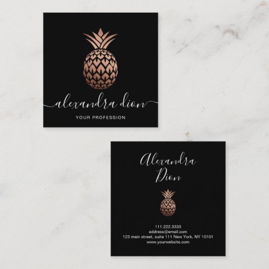 Elegant modern koperen roos gouden zwarte ananas vierkante visitekaartje (Voorkant / Achterkant)