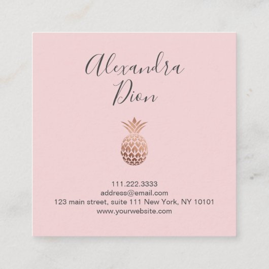 Elegant modern koperroos goudroze anananas vierkante visitekaartje (Achterkant)
