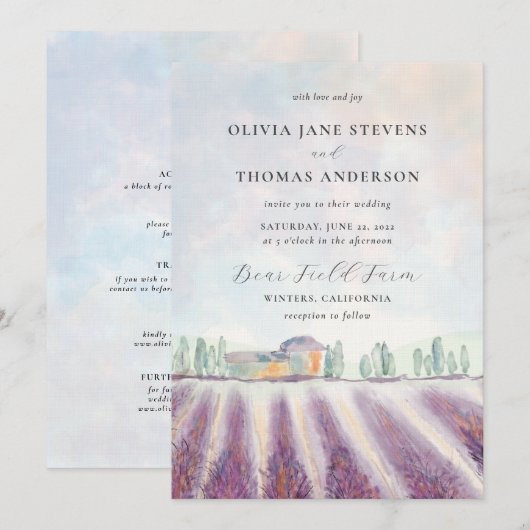 Elegant modern lavenderveld in één bruiloft kaart (Voorkant / Achterkant)