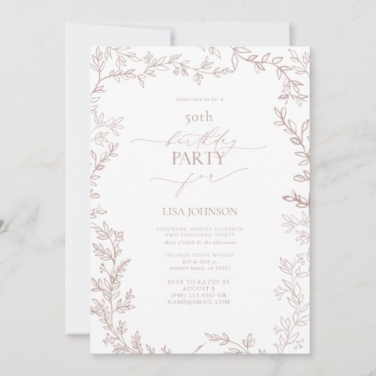 Elegant Modern Leaf Dusty Roos 50ste Verjaardag Kaart (Voorkant)