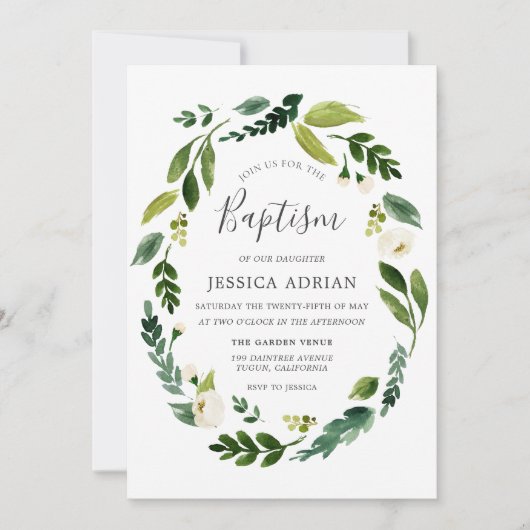 Elegant modern Leaf Floral Wreath Baptism Invite Kaart (Voorkant)