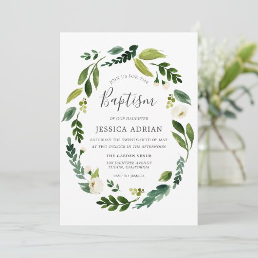 Elegant modern Leaf Floral Wreath Baptism Invite Kaart (Staand voorkant)
