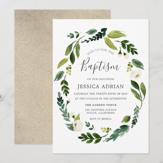 Elegant modern Leaf Floral Wreath Baptism Invite Kaart (Voorkant / Achterkant)