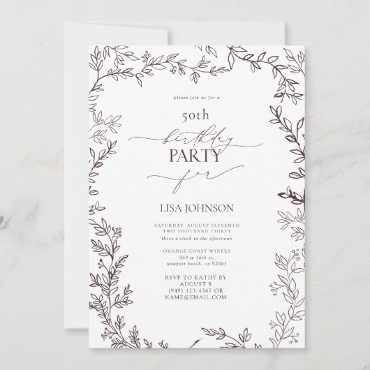 Elegant Modern Leaf Plum Paarse 50e Verjaardag Kaart (Voorkant)