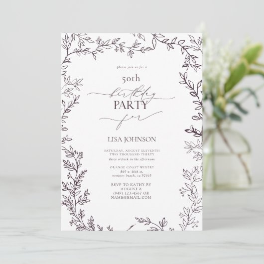 Elegant Modern Leaf Plum Paarse 50e Verjaardag Kaart (Staand voorkant)