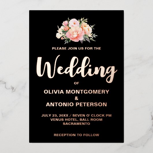 Elegant Modern Licht Roze Pioen Zwart Bruiloft Fol Folie Uitnodiging (Voorkant)