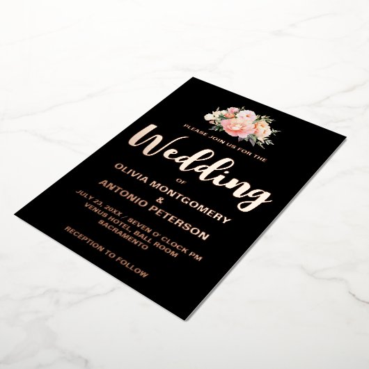 Elegant Modern Licht Roze Pioen Zwart Bruiloft Fol Folie Uitnodiging (Gedraaid)
