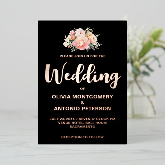 Elegant Modern Licht Roze Pioen Zwart Bruiloft Fol Folie Uitnodiging (Staand Voorkant)