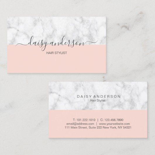 Elegant modern lichtroze en marmer visitekaartje (Voorkant / Achterkant)